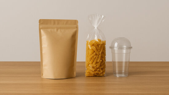 Un sac à fond plat en papier kraft, un sac en plastique et un gobelet avec couvercle en plastique sur une table en bois.