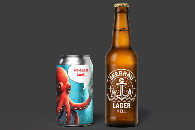 Étiquettes lavables au look «sans étiquette» sur une canette et une bouteille de bière
