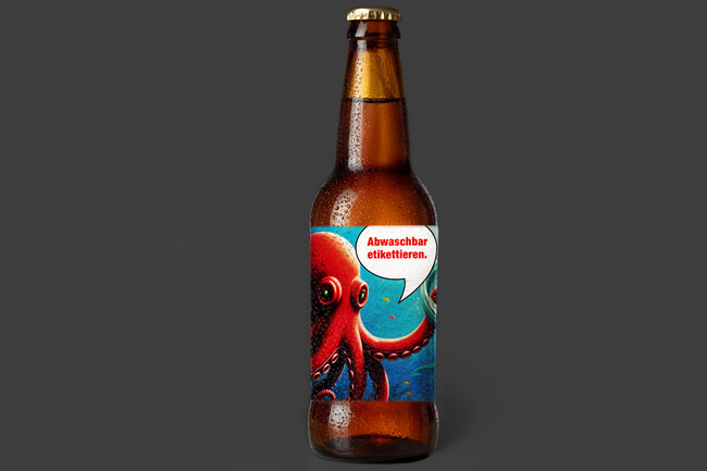 Bouteille de bière brune avec une étiquette lavable