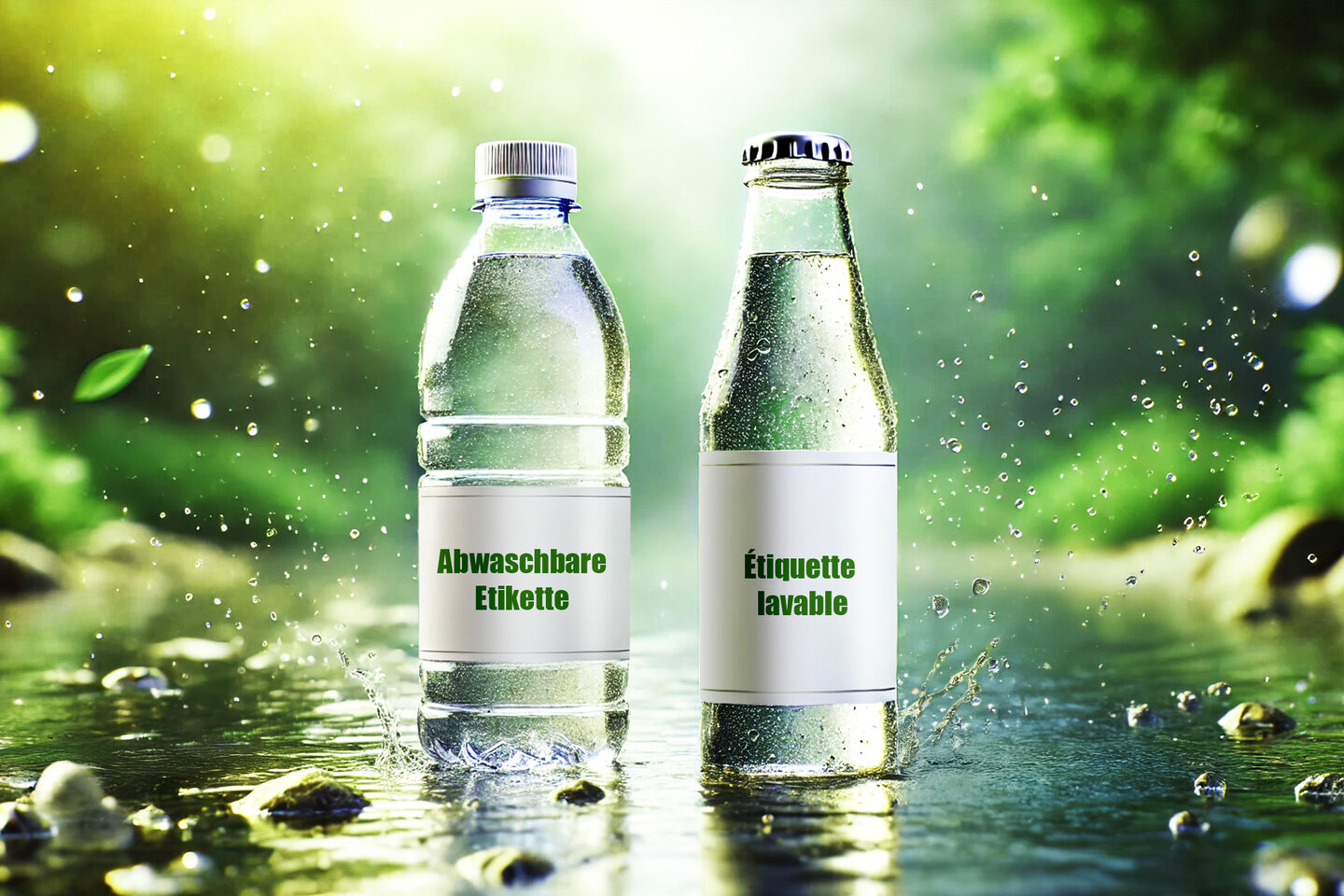 Deux bouteilles avec des étiquettes lavables sont placées dans un ruisseau. 