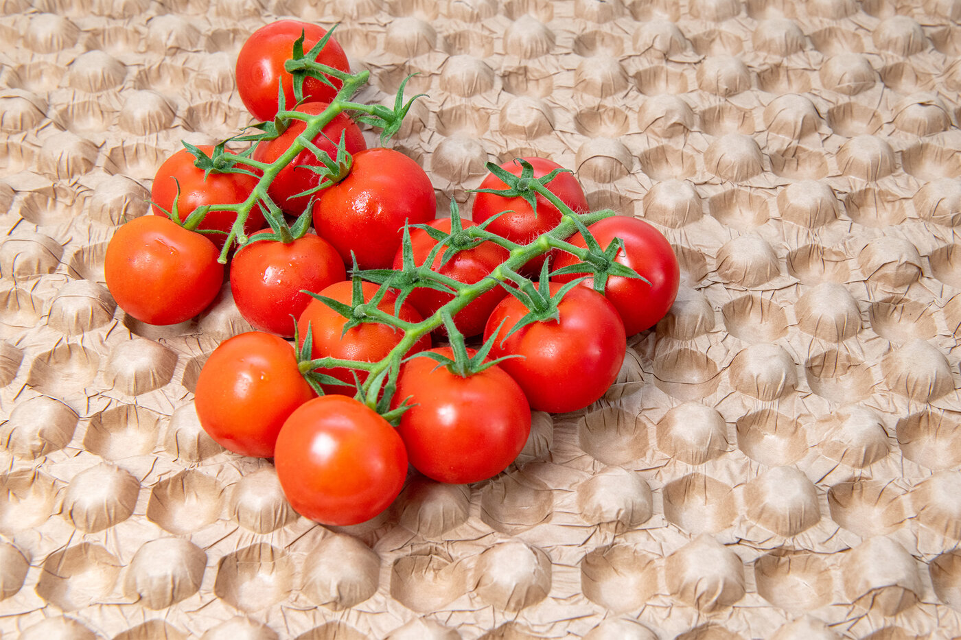 Deux grappes de tomates cerises sur un plateau Bubble Tray. 