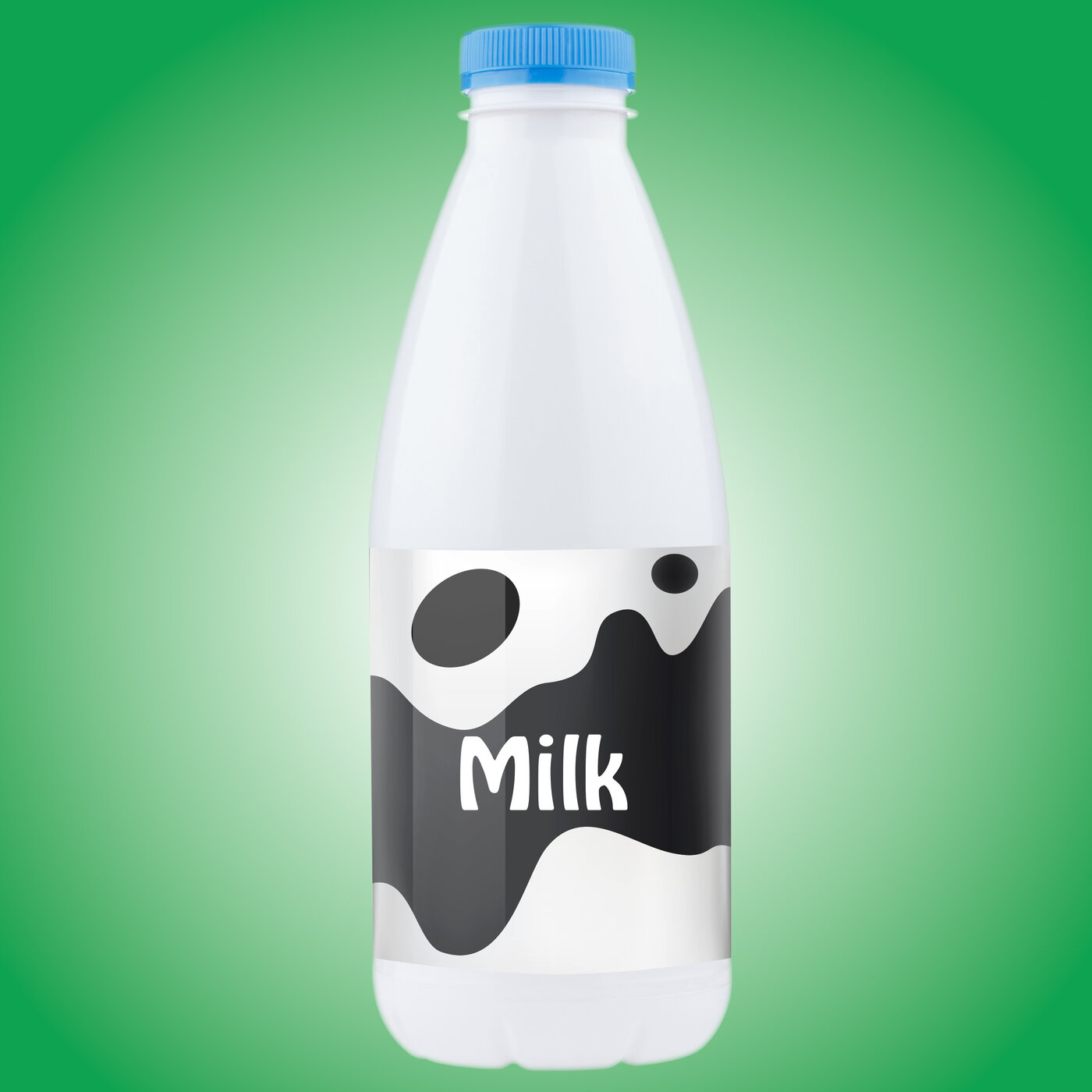 Étiquette au motif de taches de vache sur une bouteille de lait blanche avec couvercle bleu et inscription «Milk»