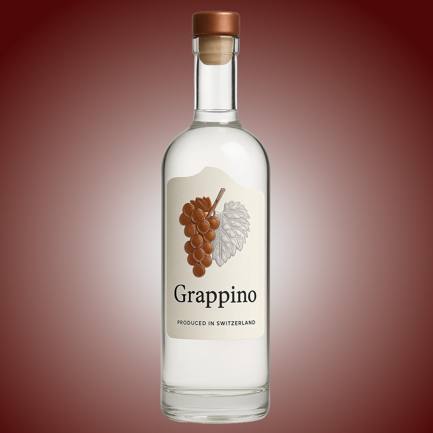 Étiquette sur une bouteille de grappa avec illustration de raisins et inscription «Grappino – Produced in Switzerland»