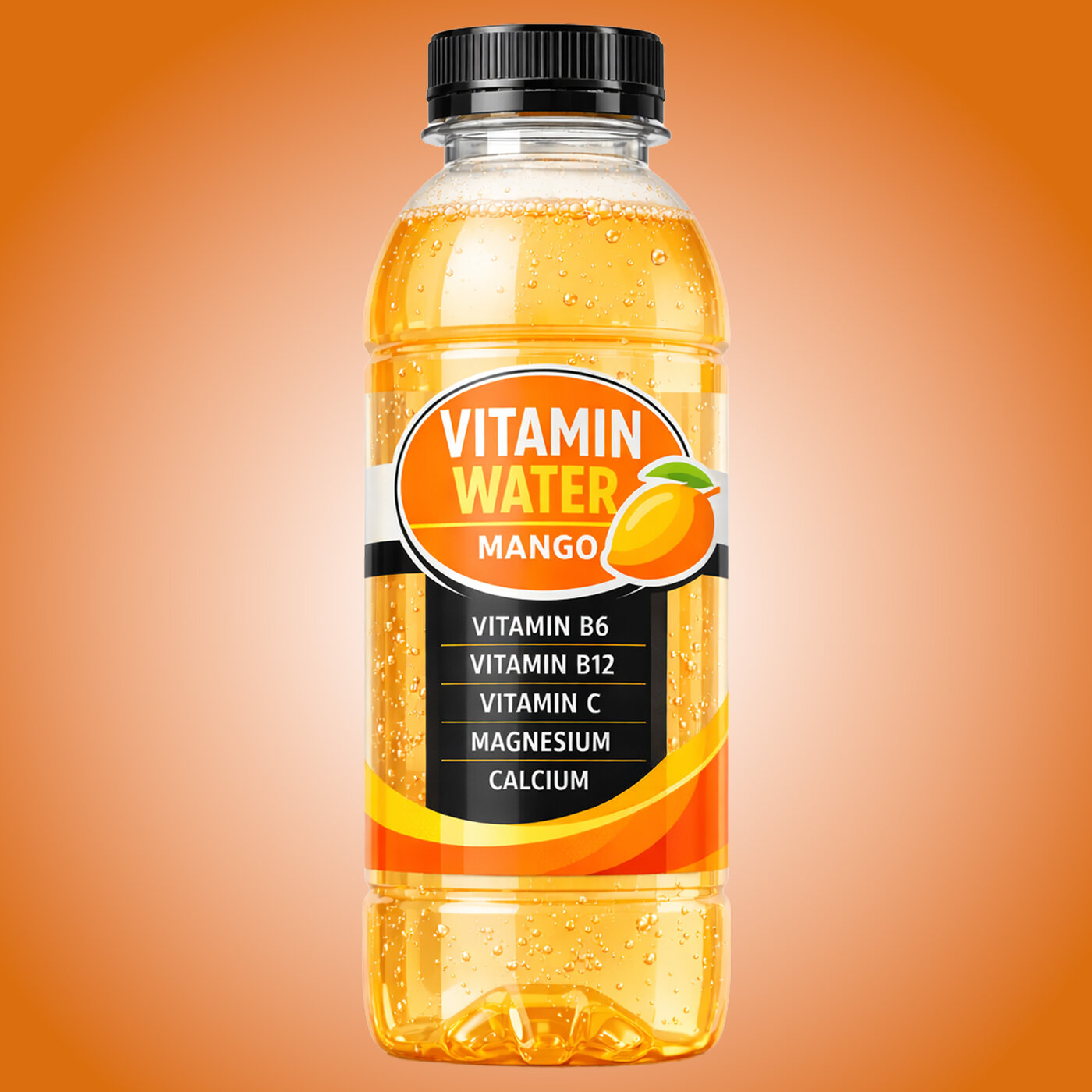 Étiquette sur une bouteille d'eau vitaminée avec motif mangue, informations nutritionnelles et inscription «Vitamin Water Mango»