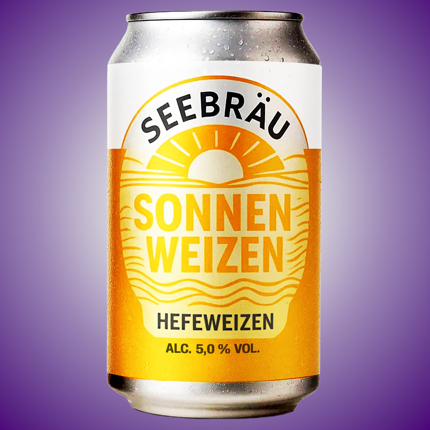 Étiquette en papier sur une canette de bière avec illustration d'un soleil jaune et inscription «Seebraeu Sonnenweizen Hefeweizen»