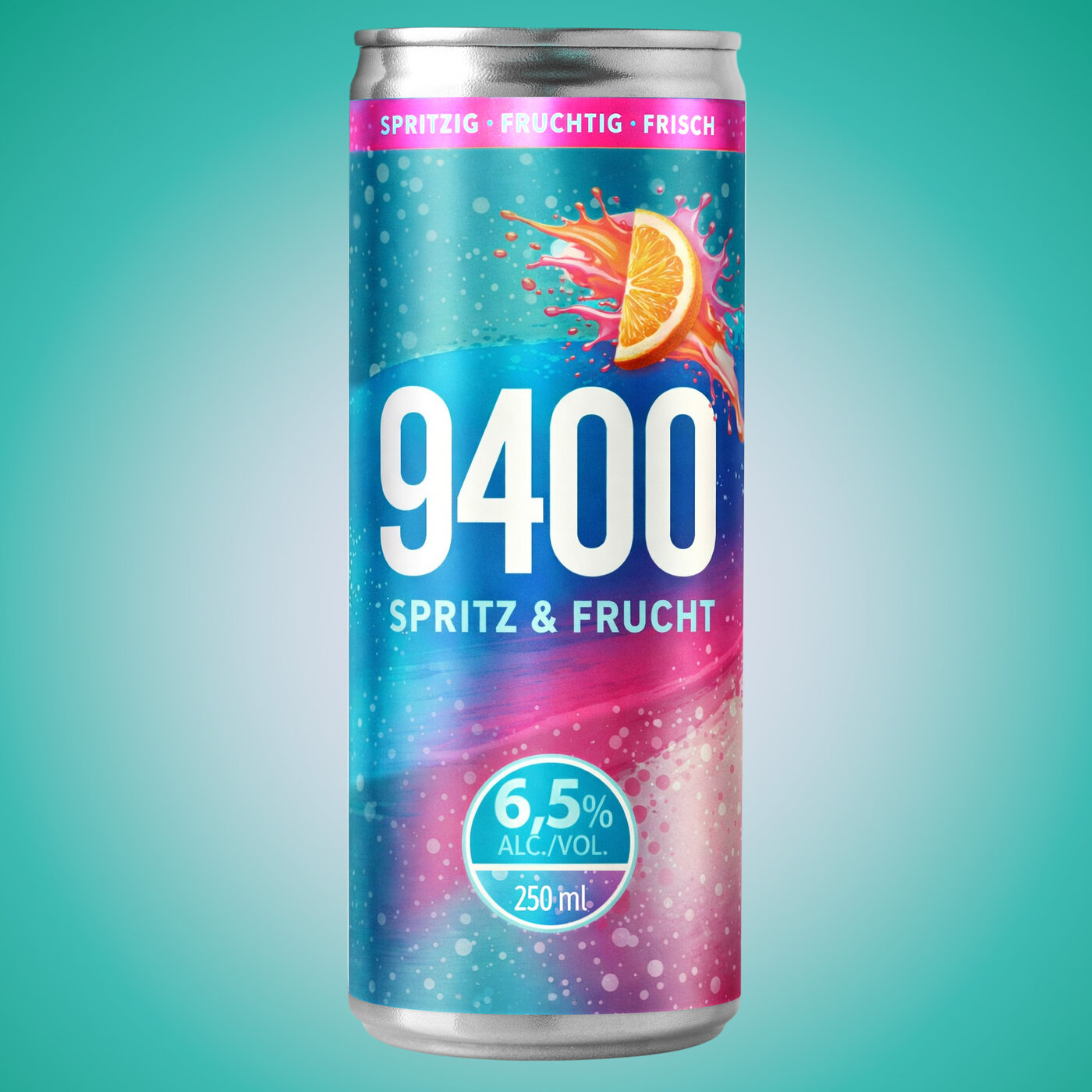 Étiquette colorée sur une canette de boisson Non Label avec l'inscription «9400 Spritz & Frucht», splash d'orange et 6,5 % d'alcool
