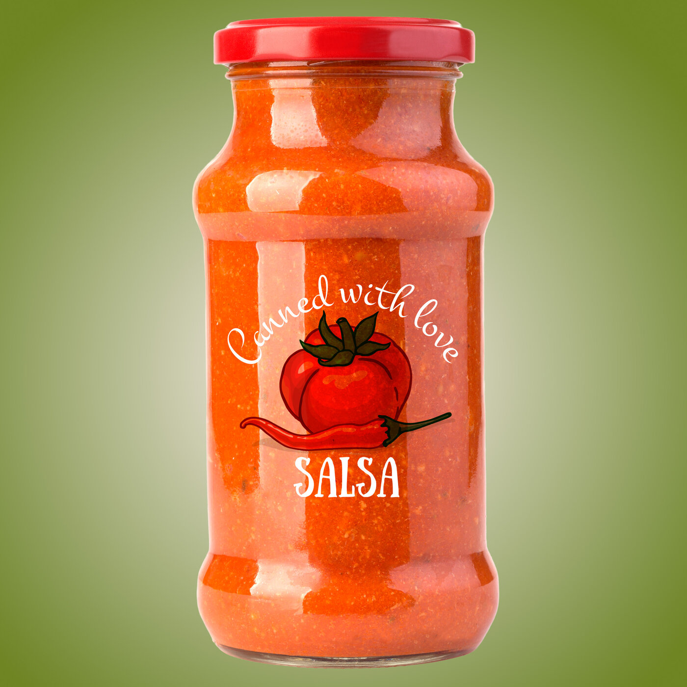 Étiquette sur un bocal de salsa avec une tomate rouge, un piment et l'inscription «Canned with love – Salsa» dans une typographie ludique