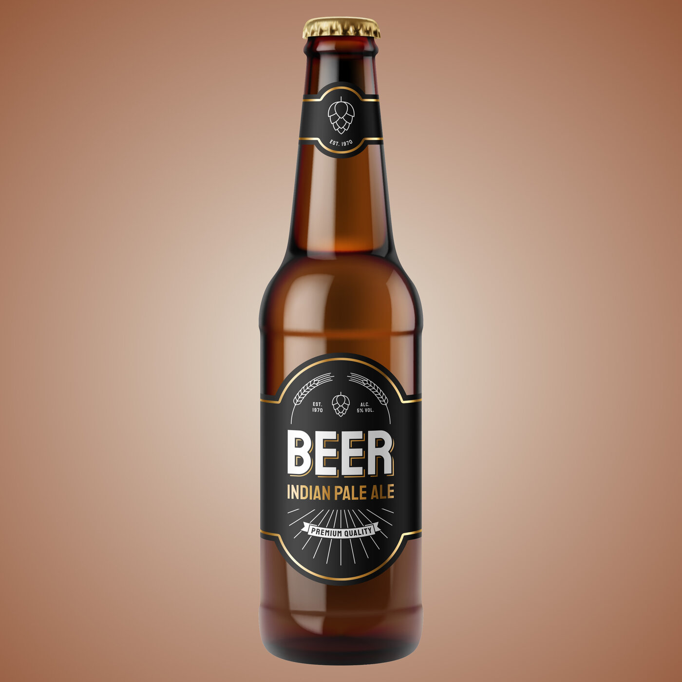 Étiquette noire sur une bouteille de bière avec l'inscription «Beer Indian Pale Ale» et des éléments décoratifs dorés
