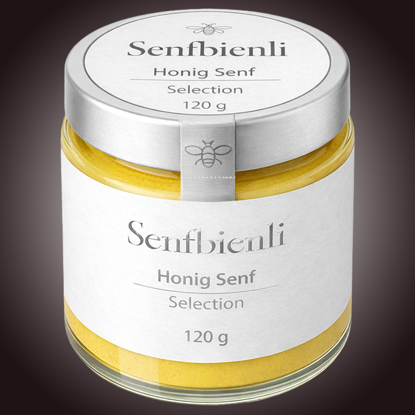 Étiquette sur pot en verre contenant de la moutarde au miel «Senfbienli», avec impression argentée et typographie sobre, pour un contenu de 120g