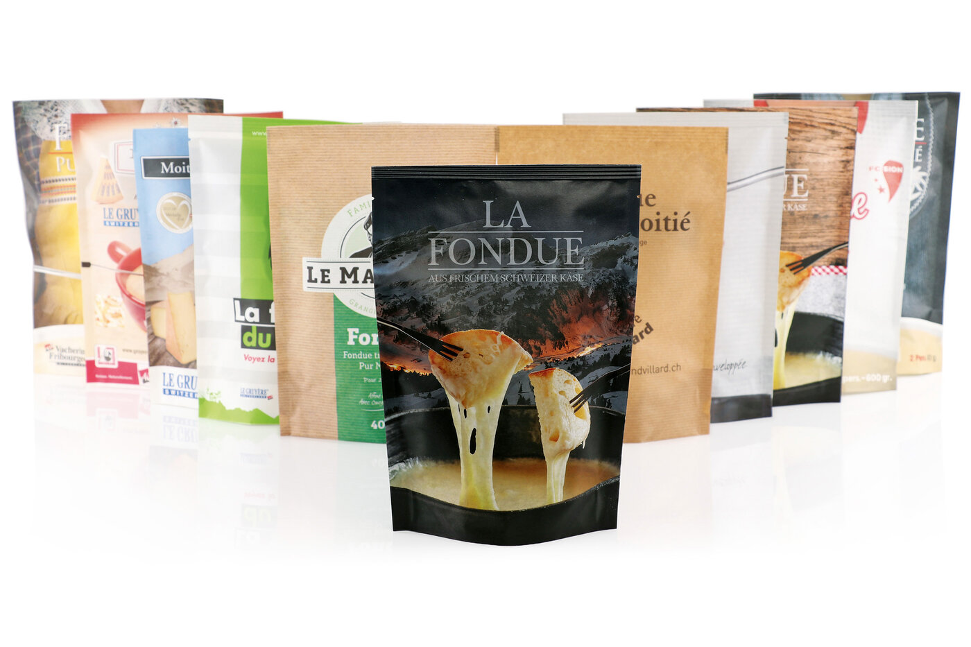 Collection de sachets à fondue imprimés individuellement.