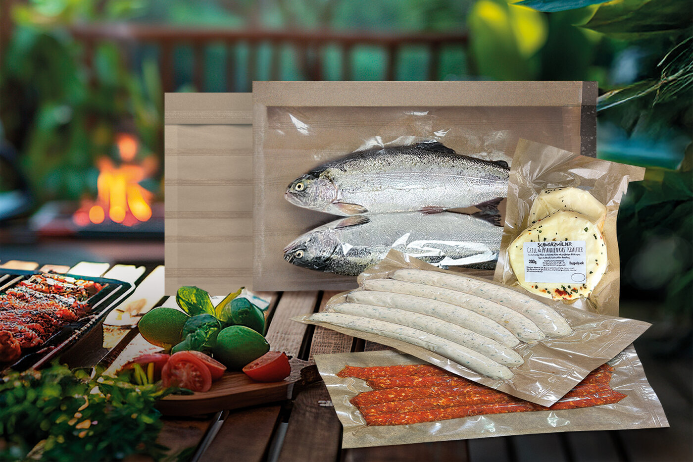 Différentes variantes de sachets nature Fresh remplis de poisson, de saucisses à griller et de fromage à griller sur une table de terrasse