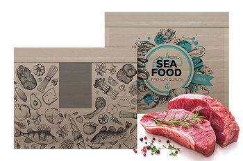 Deux sacs Fresh Bags ECO imprimés différemment avec deux steaks juteux devant.