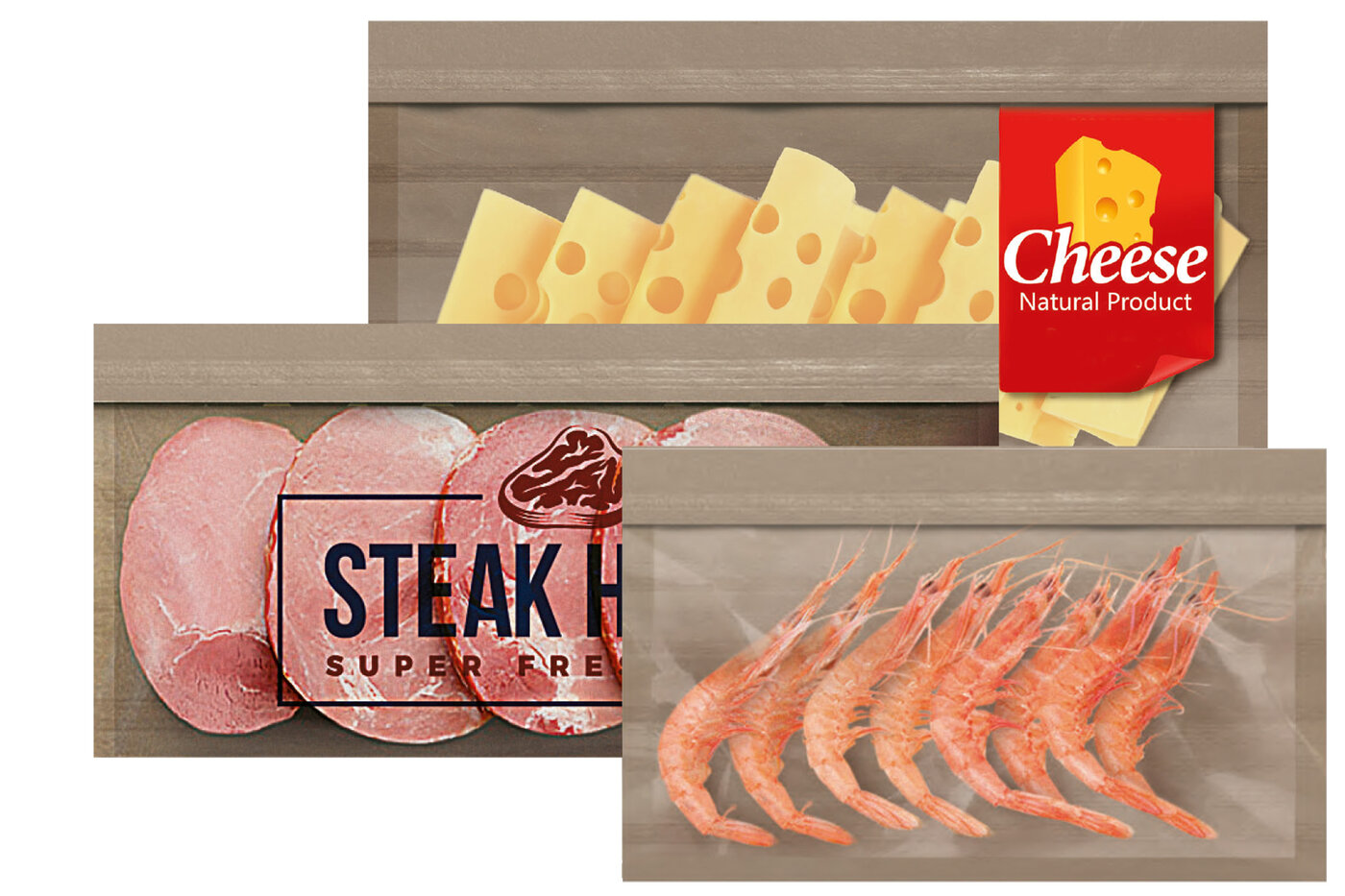 Trois Fresh Bags ECOplus, l’un rempli de fromage, l’autre de jambon et le dernier de crevettes.