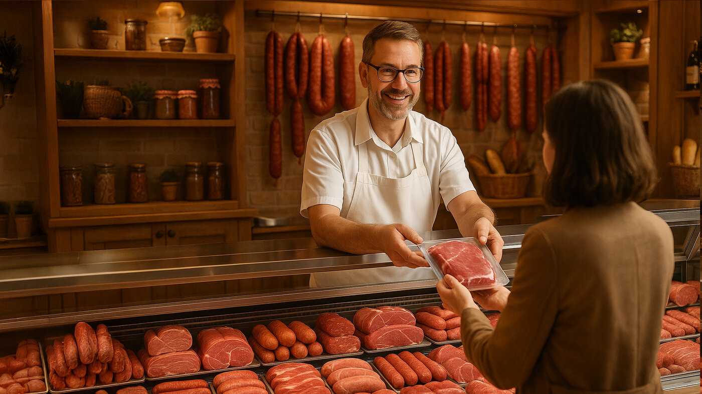 Un boucher derrière son comptoir tend un steak emballé sous vide à une cliente.