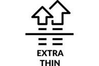 Ein kleiner und ein grosser Pfeil mit 3 Strichen nach unten und in der Mitte ein langgezogener Strich, unten mit Text auf Englisch "extra dünn"