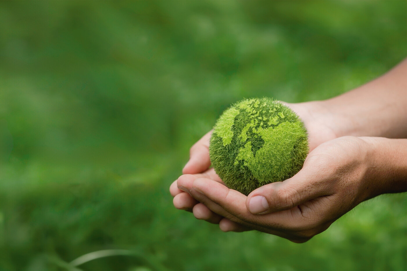 Zwei Hände tragen eine tennisballgrosse grüne Filz-Erdkugel. 
