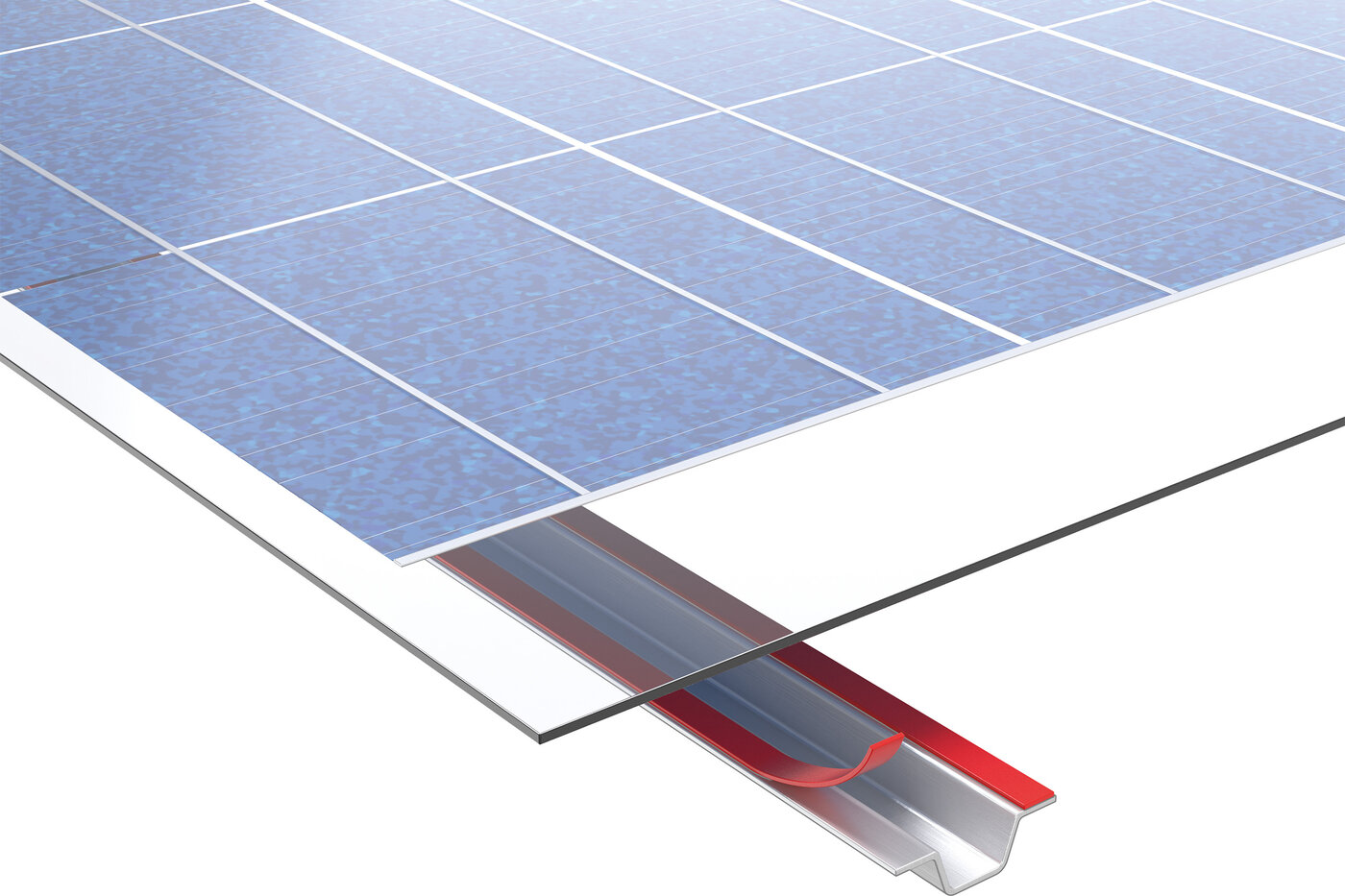 Illustration: les rails arrière d’une installation photovoltaïque fixés à l’aide de bandes adhésives de montage VST.