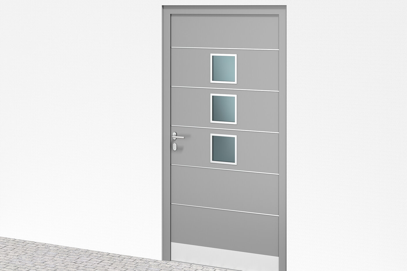 Graphique avec une porte grise avec trois vitres incrustées