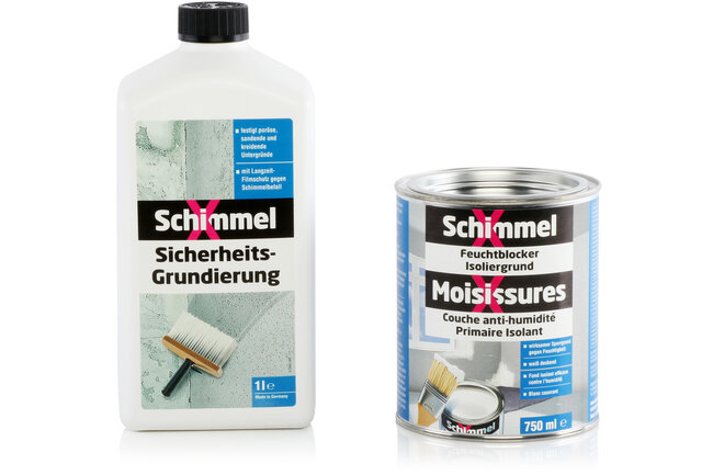 Une bouteille d'un litre d'apprêt de sécurité de la marque Schimmel X et une boîte de 750 ml d'apprêt isolant humchtblocker de la marque Schimmel X