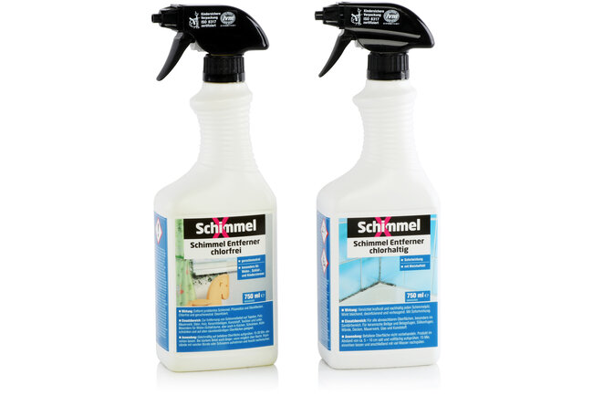 Une bouteille de 750 ml de produit anti-moisissure sans chlore et une bouteille de produit anti-moisissure avec chlore