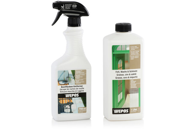 Une bouteille de détachant pour la rouille et une bouteille de nettoyant pour les surfaces en carrelage et en pierre de la marque Wepos