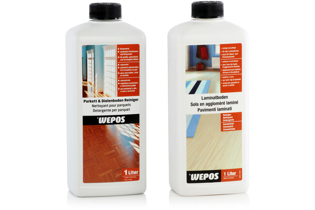Une bouteille d'un litre de nettoyant pour parquet et une bouteille d'un litre de nettoyant pour sols stratifiés de la marque Wepos