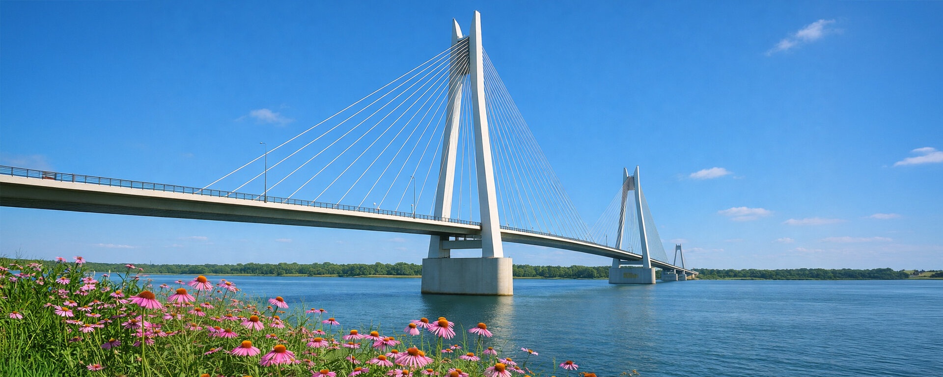 Pont à haubans moderne traversant un fleuve sous un ciel bleu