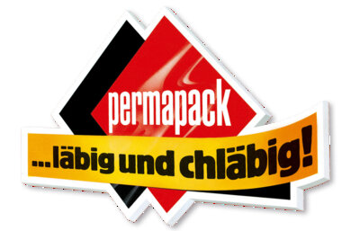 Ancien logo de l'entreprise Permapack avec le slogan ça tient, ça colle