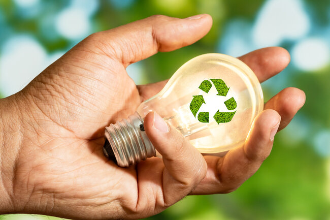 Ampoule avec label vert de recyclage dans une main