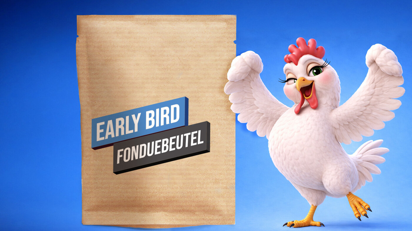Une poule blanche célèbre la promotion Early Bird sur les sachets de fondue.